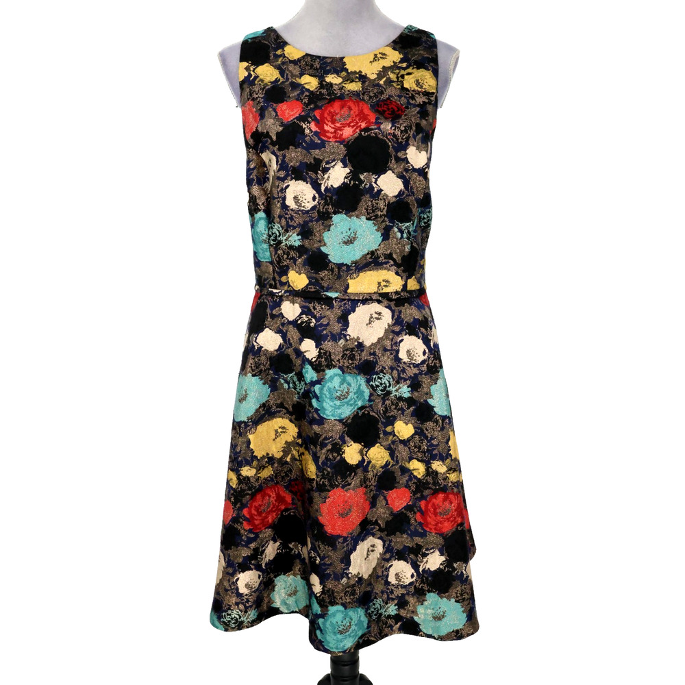 Tahari Dress Womens 14 Black Red Floral Metallic Lined Fit n Flare Party Pockets